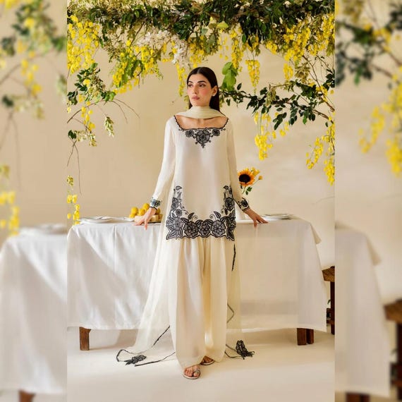 Off White Korean Raw Silk Salwar Kameez with Black Floral Embroidery | Pakistani 3 Piece Suit | Formal Indian Eid Dress 2026