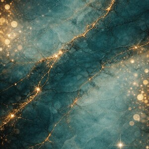 May include: Abstract digital art with a teal and gold color scheme. The image features a textured background with gold veins and sparkling bokeh effects, creating a celestial or cosmic aesthetic.
