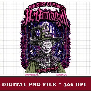 May include: Digital PNG file featuring a stylized illustration of Minerva McGonagall from the Ministry of Magic. The image showcases McGonagall in a witch hat and robes, set against a dark, ornate background with the text "Ministry of Magic" and "McGonagall".