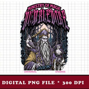 May include: Digital PNG file featuring a wizard with a long white beard, wearing a purple hat and robes, and holding a staff. The image includes the text "Ministry of Magic Dumbledore" and the name "Albus".