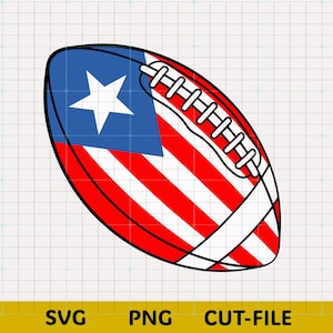 May include: A vector graphic of a football with a design inspired by a flag. The football features a blue section with a white star and red and white stripes. The image also includes the text "SVG", "PNG", and "CUT-FILE".