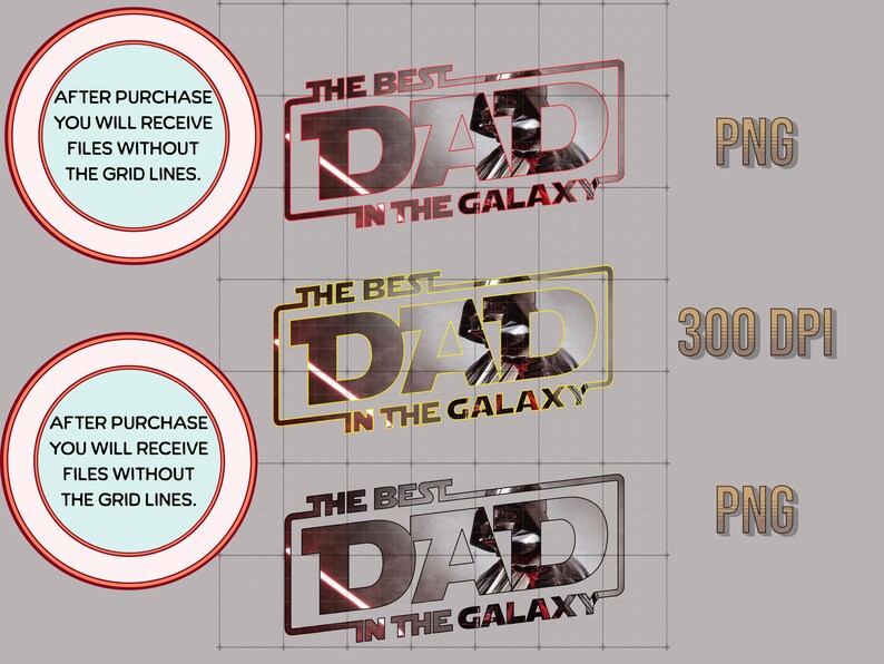 Może przedstawiać: Trzy cyfrowe projekty z napisem "THE BEST DAD IN THE GALAXY" w kolorze czerwonym, złotym i srebrnym, każdy z sylwetką w stylu Dartha Vadera. Projekty są oznaczone jako pliki PNG i 300 DPI.
