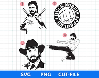 Chuck Norris SVG-paket | 8 kampsportssilhuettklippfiler | Rolig actionhjälte SVG | Cricut och silhuett PNG