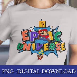 Epic Universe Orlando vakantieshirt PNG – themapark pixelartontwerp – retro digitale download voor familie-uitstapje, sublimatiebestand