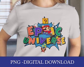 Epic Universe Orlando semestertröja PNG – Pixel Art temaparksdesign – Retro digital nedladdning för familjesemester, sublimeringsfil