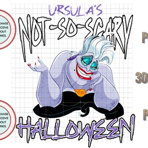 May include: A cartoon illustration of Ursula from The Little Mermaid, with the text "Ursula's Not-So-Scary Halloween". The image features Ursula with a sinister smile, red lipstick, and a black dress. The background is a grid.