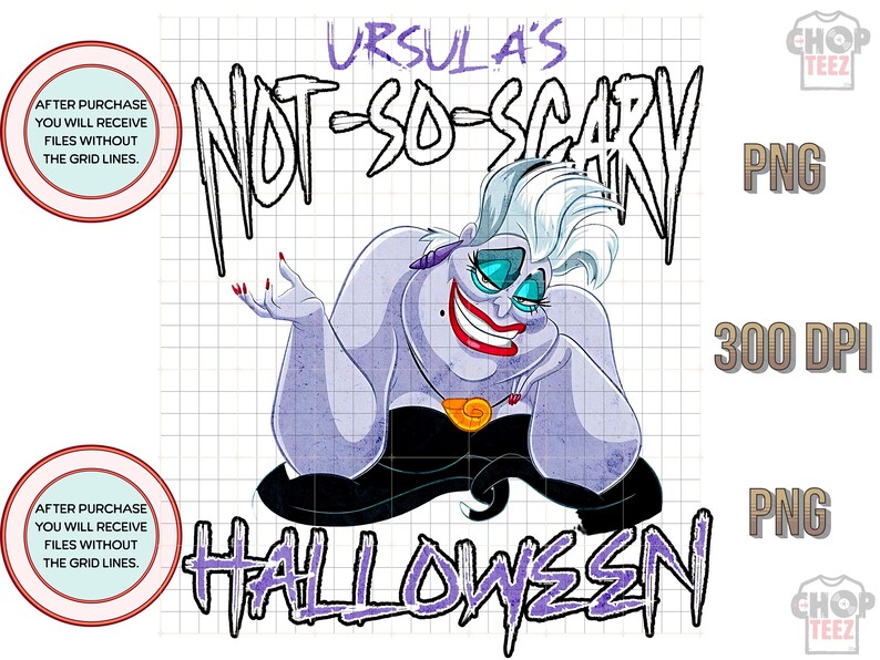 May include: A cartoon illustration of Ursula from The Little Mermaid, with the text "Ursula's Not-So-Scary Halloween". The image features Ursula with a sinister smile, red lipstick, and a black dress. The background is a grid.