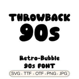 Może przedstawiać: Czarny tekst na białym tle: "THROWBACK 90s" pogrubioną, zaokrągloną czcionką. Poniżej wyświetlany jest napis "Retro-Bubble 90s FONT". Baner na dole wymienia typy plików: SVG, TTF, OTF, PNG i JPG.