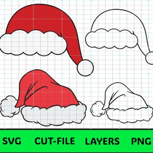 May include: A graphic featuring four Santa hats. Two are red with white trim and a pom-pom, and two are outlines. The bottom of the image has the words "SVG CUT-FILE LAYERS PNG" in green.