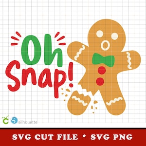 May include: A cartoon gingerbread man with a broken leg, wearing a green bow tie and red buttons. The phrase "Oh Snap!" is written in green and red. The image is a digital SVG cut file.