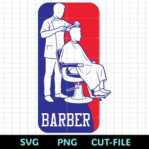 Puede incluir: Un diseño de logotipo de barbería con un barbero cortando el pelo a un cliente. El diseño está sobre un fondo rojo y azul con la palabra "BARBER" en letras blancas. La imagen es un gráfico vectorial.