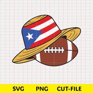 May include: A cartoon illustration of a brown football with white laces, topped with a straw hat featuring the Puerto Rican flag. The hat has red and white stripes and a blue triangle with a white star.