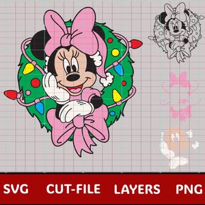 May include: A cartoon illustration of Minnie Mouse wearing a pink bow and outfit, surrounded by a green wreath adorned with colorful Christmas lights. The image includes the text "SVG CUT-FILE LAYERS PNG".