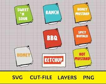 Pacchetto SVG di condimenti per fast food / Ketchup, salsa barbecue, ranch, senape PNG / Icone di condimenti / Silhouette Cricut / Livelli di colore inclusi
