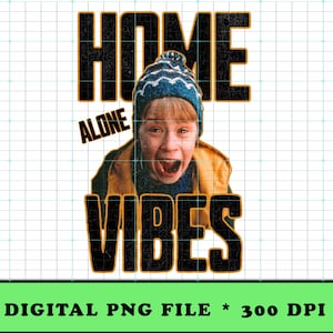 May include: A digital graphic featuring the text "HOME ALONE VIBES" in black, distressed font. The image includes a portrait of a child wearing a blue and white knit cap, with a surprised expression. The background is a grid.