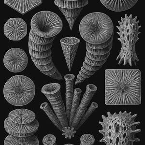 Op de afbeelding: Een gedetailleerde zwart-wit illustratie met diverse geometrische en organische vormen. De afbeelding bevat kegelvormige, cilindrische en cirkelvormige vormen, samen met een zeshoekige en een vierkante vorm. De texturen en schaduwen creëren diepte.
