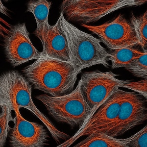 Op de afbeelding: Microscopische afbeelding van cellen met levendige kleuren. De cellen hebben helderblauwe kernen, omringd door oranje en grijze structuren, alles tegen een zwarte achtergrond. De afbeelding benadrukt de ingewikkelde interne structuur van de cellen.