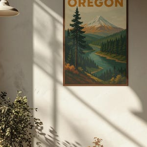Poster di viaggio vintage dell'Oregon - Paesaggio retrò di montagne e foreste - Stampa artistica digitale da parete
