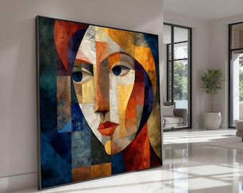 Abstract Cubist Face Canvas Wall Art, Modern Geometric Portrait, Colorful Expressionist Painting, Contemporary Home Decoration