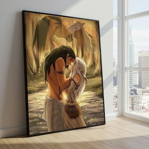 May include: Framed art print featuring a romantic scene with two figures embracing in a forest setting. The artwork depicts a man and woman with horses in the background, rendered in warm, earthy tones. The print is displayed in a black frame.