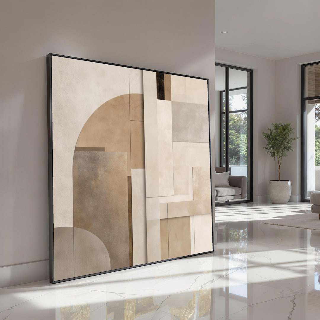 Neutral Geometric Abstract Canvas Wall Art, Modern Beige Shapes ...