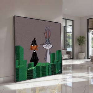 Płótno z kreskówkowymi kaczkami i króliczkiem z pieniędzmi, animowane postacie, humorystyczne płótno z popkulturą, zabawna dekoracja domu