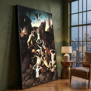 Könnte beinhalten: Ein gerahmter Druck eines dunklen, surrealen Gemäldes, das Figuren zeigt, die in einer höllischen Landschaft fallen und gequält werden. Das Kunstwerk zeigt eine Vielzahl von nackten Figuren, Dämonen und einen dramatischen Himmel, wodurch eine Szene des Chaos und des Leidens entsteht.