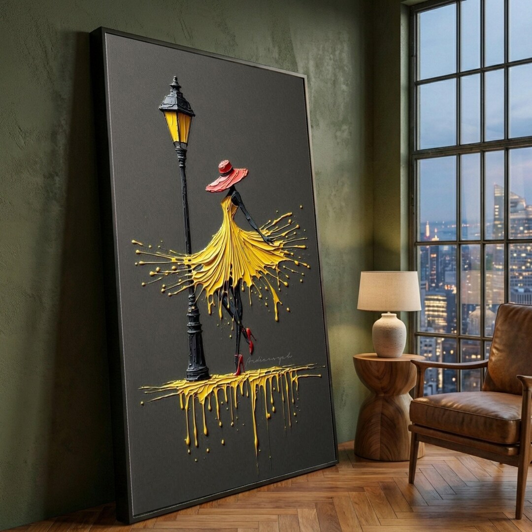 Elegant Woman in Yellow Dress Canvas Wall Art, Abstract Fashion ...