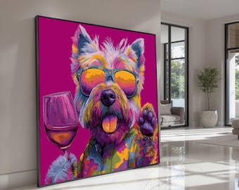 以下が含まれることがあります： サングラスをかけ、ワイングラスを持った犬のカラフルなポップアート風の絵画。犬はマゼンタ色の背景に、青、黄、ピンク、緑の鮮やかな色合いで描かれています。アートワークは黒いフレームに入っています。