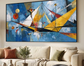 Abstract Sailboat Canvas Art, Modern Nautical Wall Decor, Geometric Blue and Yellow Painting, Contemporary Canvas Wall Art for Home