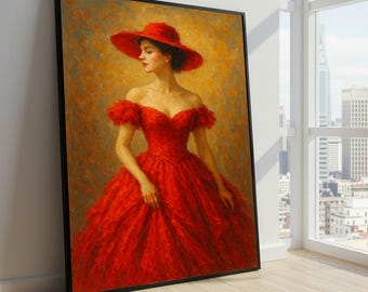 女性画 リトグラフ 赤いドレス 帽子 人物画 インテリア アート レンタル品 赤いドレスと花のついたシックな帽子をかぶった贅沢な女性の肖像画