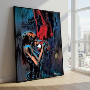 May include: A framed rectangular wall art print featuring a comic book illustration of a red and blue costumed superhero hanging upside down, kissing a person with long brown hair. The scene is set against a dark, rainy urban background.