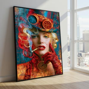 Può includere: Una stampa artistica da parete incorniciata raffigurante una persona bionda che indossa un cappello in stile steampunk con occhiali protettivi, guanti rossi e un accessorio a forma di orologio. Indossa rossetto rosso, fuma un sigaro e fumo blu.