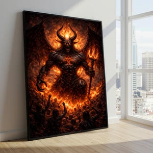 May include: Framed artwork showing a demonic figure with horns, wings, and a trident, amidst flames and a crowd. The black-framed artwork leans against a white wall, with a city view visible through a window in the background.