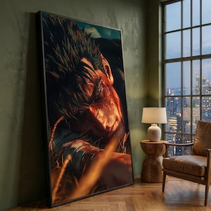 Intense Warrior Portrait Canvas, Dramatic Male Face Wall Art, Emotional Expression Canvas, Heroic Character Illustration, Detailed Close-Up