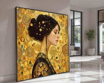 Elegant Woman Portrait Canvas, Gold Geometric Art, Gustav Klimt Decorative Modern Wall Art, Fine Art Print on Canvas