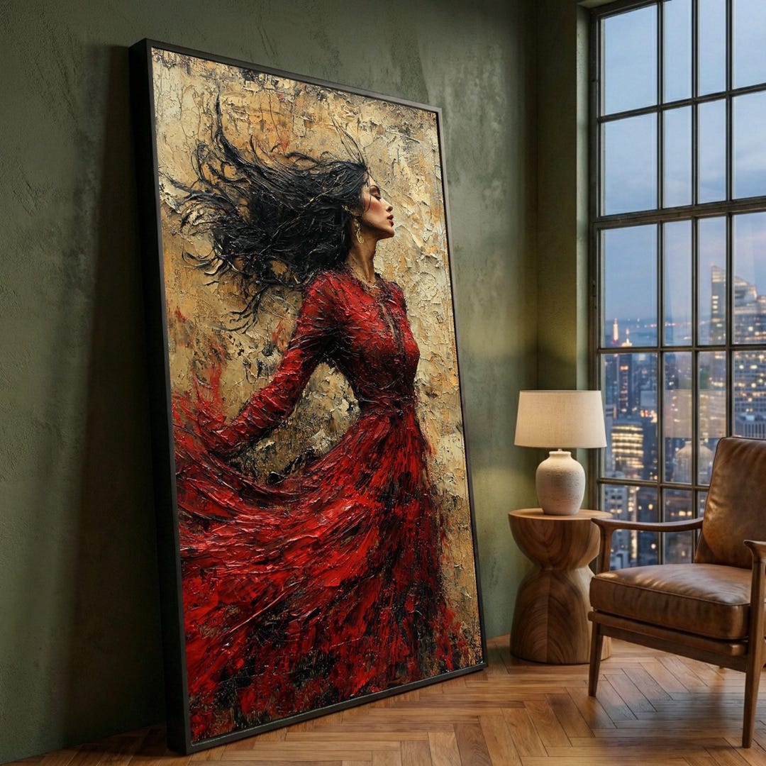Elegant Woman in Flowing Red Dress Canvas, Modern Art, Abstract Female ...