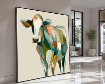 鮮やかな牛の肖像画キャンバス、カラフルな農場の動物の壁アート