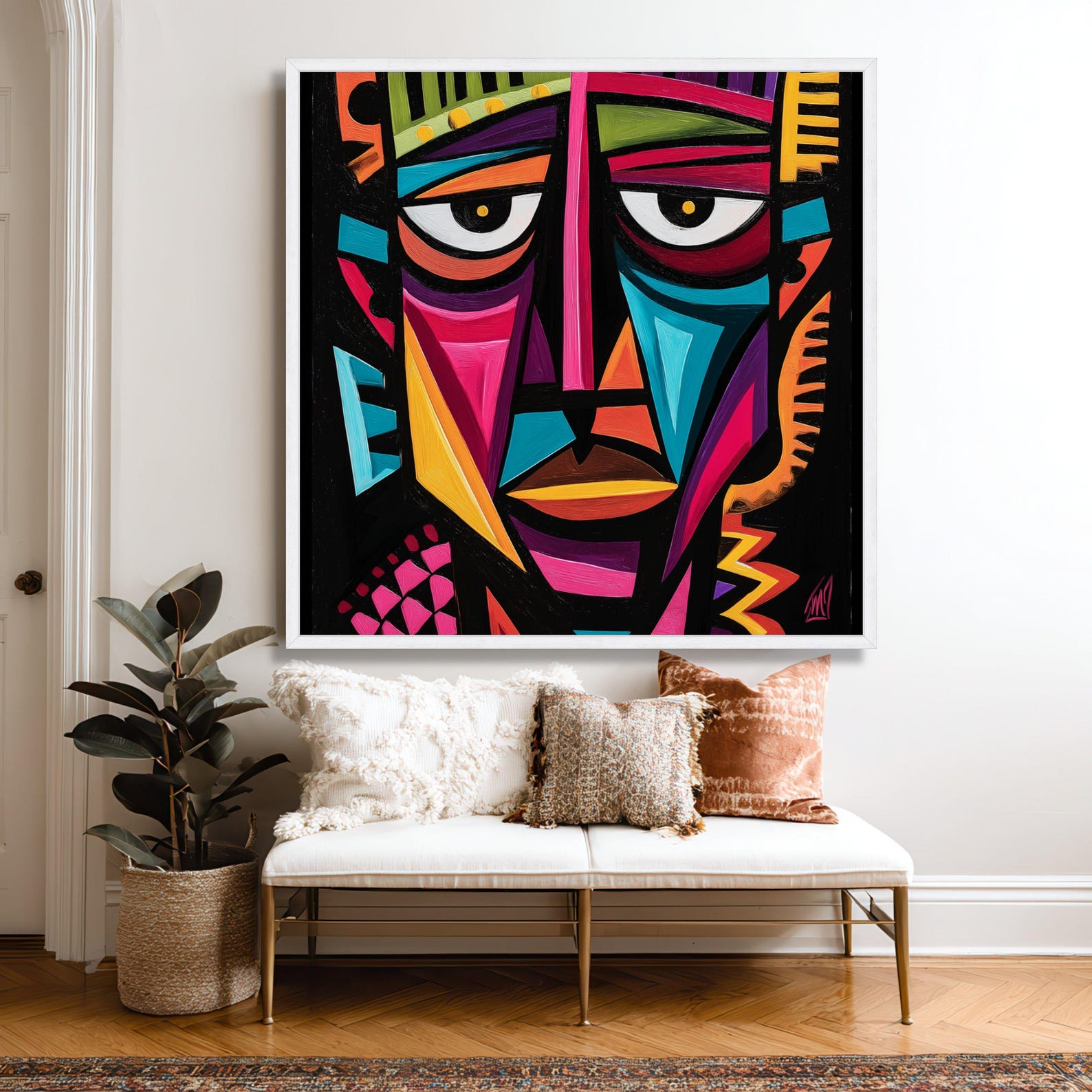 Vibrant Abstract Face Canvas, Bold Geometric Wall Art, Modern Tribal ...