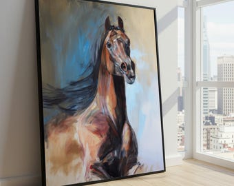 Majestic Running Horse Canvas Wall Art, Abstract Animal Painting, Brown Horse Portrait, Modern Equestrian Decor, Living Room Canvas Art