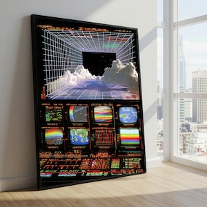 May include: A framed rectangular wall art print featuring a digital aesthetic with a white grid perspective tunnel, white clouds, and a lower section displaying multiple small monitor screens showing colourful data, maps, and graphs with text.