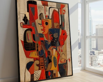 Abstract Cubism Canvas Wall Art, Geometric Faces Painting, Modern Red Blue Yellow Decor, Unique Home Decoration, Ready to Hang Canvas