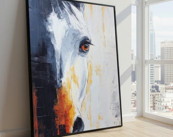 Arte mural abstracto de caballo blanco, pintura animal moderna, retrato equino, colores vibrantes sobre lienzo, decoración contemporánea para el hogar.