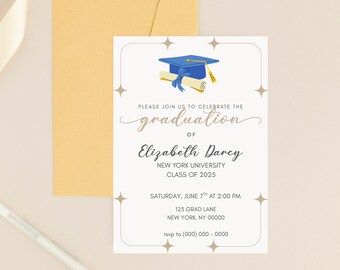 May include: Graduation announcement with a blue mortarboard and diploma illustration. The invitation includes the text "Please join us to celebrate the graduation of Elizabeth Darcy" and event details. An envelope is in the background.