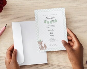 Mint Green Watercolor Animal Illustration Birthday Party Invitation