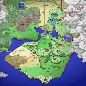 Può includere: Una mappa illustrata e colorata con masse terrestri in tonalità verdi, beige e marroni, circondate da acqua blu e nuvole bianche. La mappa ha un tema fantasy, con varie strutture e dettagli.