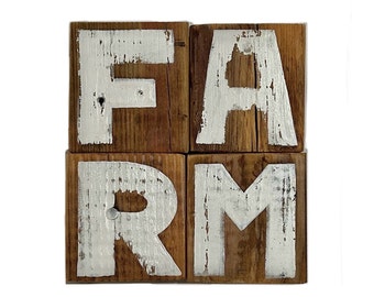 Farm Homestead, Reclaimed Wood Block Art, Distressed, Modern Industrial, Hand Painted Weathered Country, Folk, Kitchen Decor, Christina Rowe