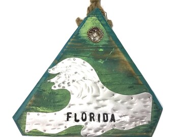 Florida Surf Waves Reclaimed Wood Shabby Chic OOAK-Original Art Beach Sign Triangle Decor Home Goods Beach Art Mangoseed