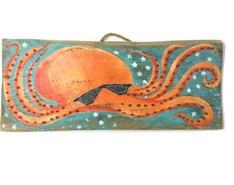 Oktopus Art Hipster Strand Personalisiert Original Kunst Strand Dekor OOAK Original Art Shabby Chic Surf Reclaimed Holz Mangoseed