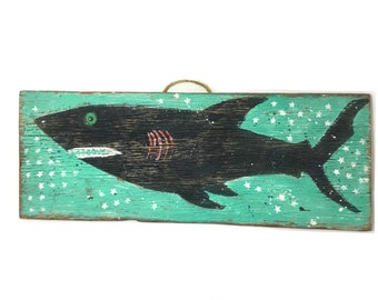 Shark Decor Beach Personalize Original Art Beach Decor OOAK Shark Original Art Shabby Chic Surf Reclaimed Wood Mangoseed